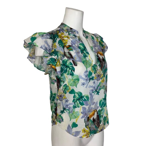 Lavender Brown Blouse Top XS Multicolor Toucan Design Ruffle Cap Sleeve V-Neck - Picture 4 of 12